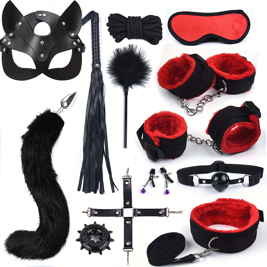 BDSM13 Female Sex Toy Kit  Includes Handcuffs Tail Mask Anal Plug  Whip  Perfect for RolePlaying and Flirtation BDSM Accessories  Playful Accessories  Velvet Interior Handcuffs