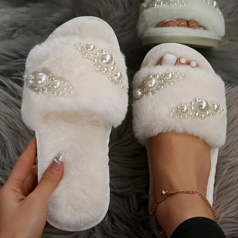 Faux Pearl Warm Slippers  Cozy Plush Indoor Shoes