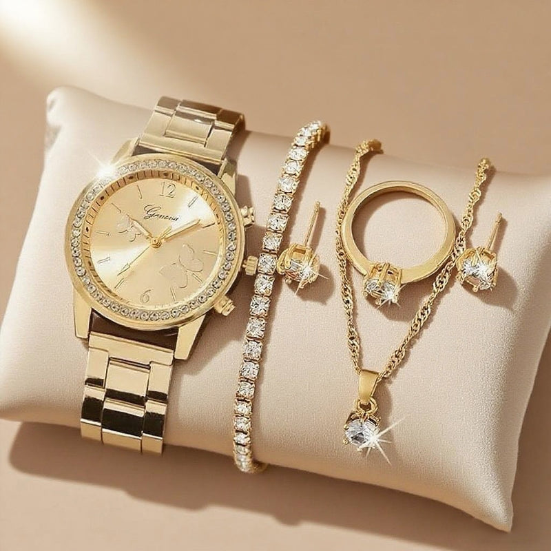 Golden Watch Women Ring Necklace Earrings Fashion Wristwatch Female Casual Ladies Watches Bracelet Set Clock