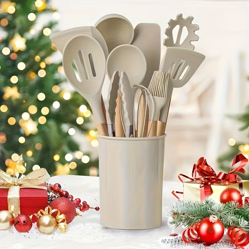 12pc Premium Silicone Kitchen Utensil Set with Ergonomic Wooden Handles  NonStick HeatResistant