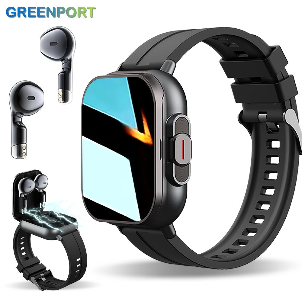 1pc GREENPORT 2in1 Smartwatch And Wireless Earbuds Sports Activity Monitor with HD Display Multiple Workout Modes Rechargeable Polymer Battery Silicone Strap Date Stopwatch Weather Function Rectangular Dial for Android And iPhone