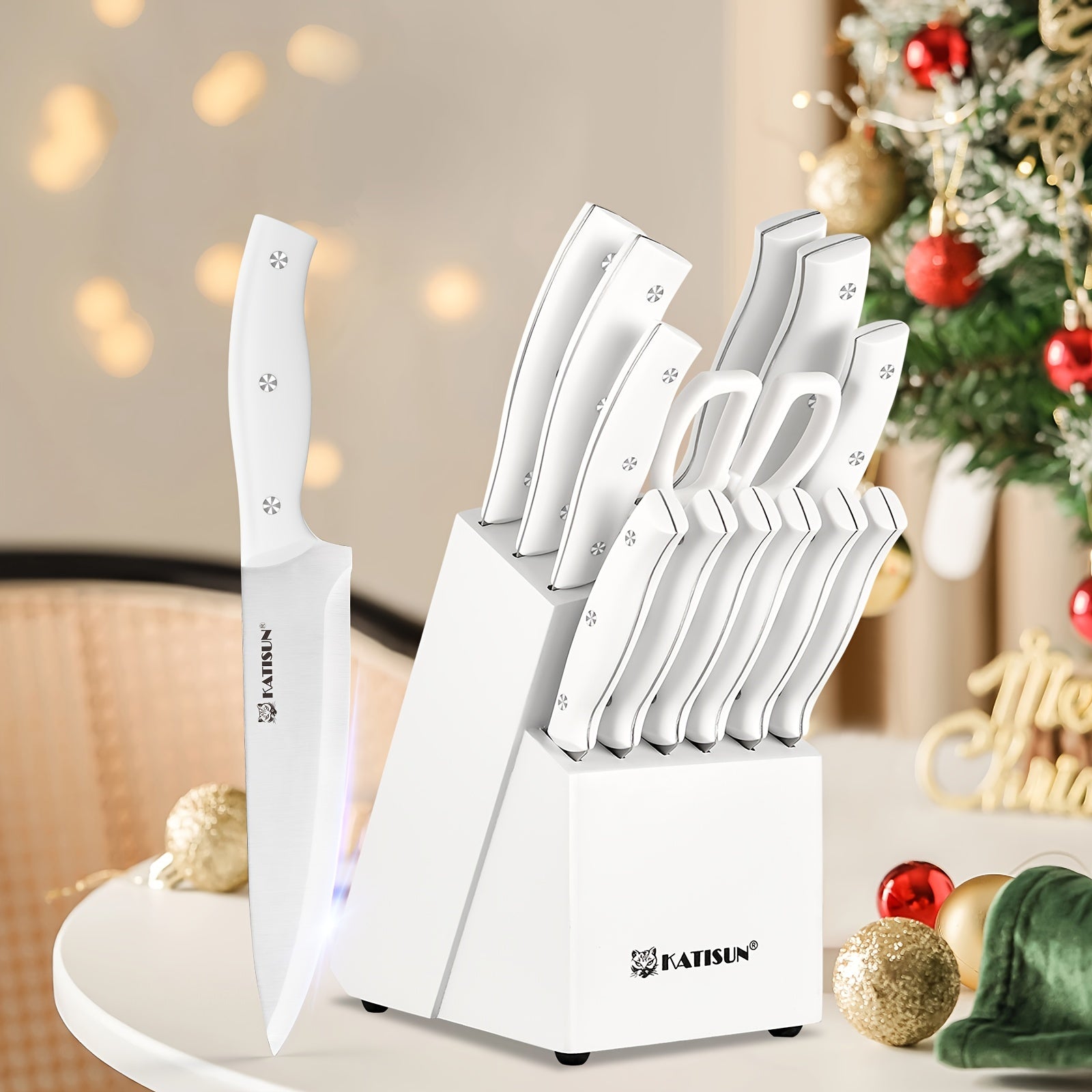 15pcs Knife Set with Sharpener BlockHigh Carbon Stainless Steel Snow Color Kitchen Knife Set No Rust And Super Sharp Cutlery Knife Set with Wooden Stand And Kitchen Scissors for Family And Restaurant