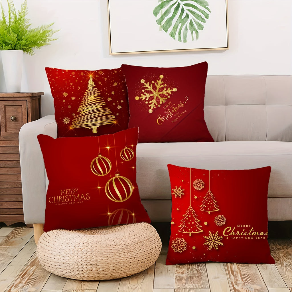 Festive Christmas Covers 4pcs Ultra Soft Plush Christmas Pillow Covers 18x18 Inch Red  Golden Holiday Design  Festive Car Accessories Soft Cushion Covers Merry Christmas Print Sofa  Car Decor No Insert