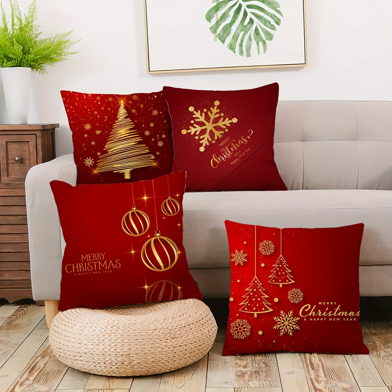Festive Christmas Covers 4pcs Ultra Soft Plush Christmas Pillow Covers 18x18 Inch Red  Golden Holiday Design  Festive Car Accessories Soft Cushion Covers Merry Christmas Print Sofa  Car Decor No Insert