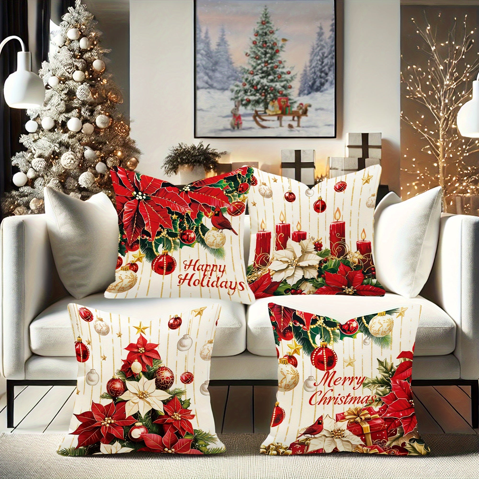 4Piece Holiday Christmas Pillow Covers Modern Floral Design with Holly and Festive Patterns Machine Washable Zippered Polyester Cushion Case for Sofa  Bed Decor  Multiple Sizes Available Insert Not Included