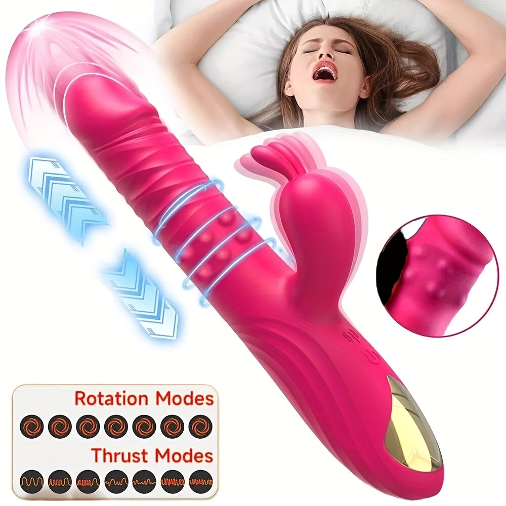 Thrusting Rabbit Vibrator Anal Butt Plug Dildo G Spot Clitoral Vibrators Rechargeable Realistic Dildo with 3 Telescopic  10 Vibrating Modes Clit Nipples Massager Anus Vagina GSpot Stimulator Rose Red Adult Sex Toys for Women Men Couples