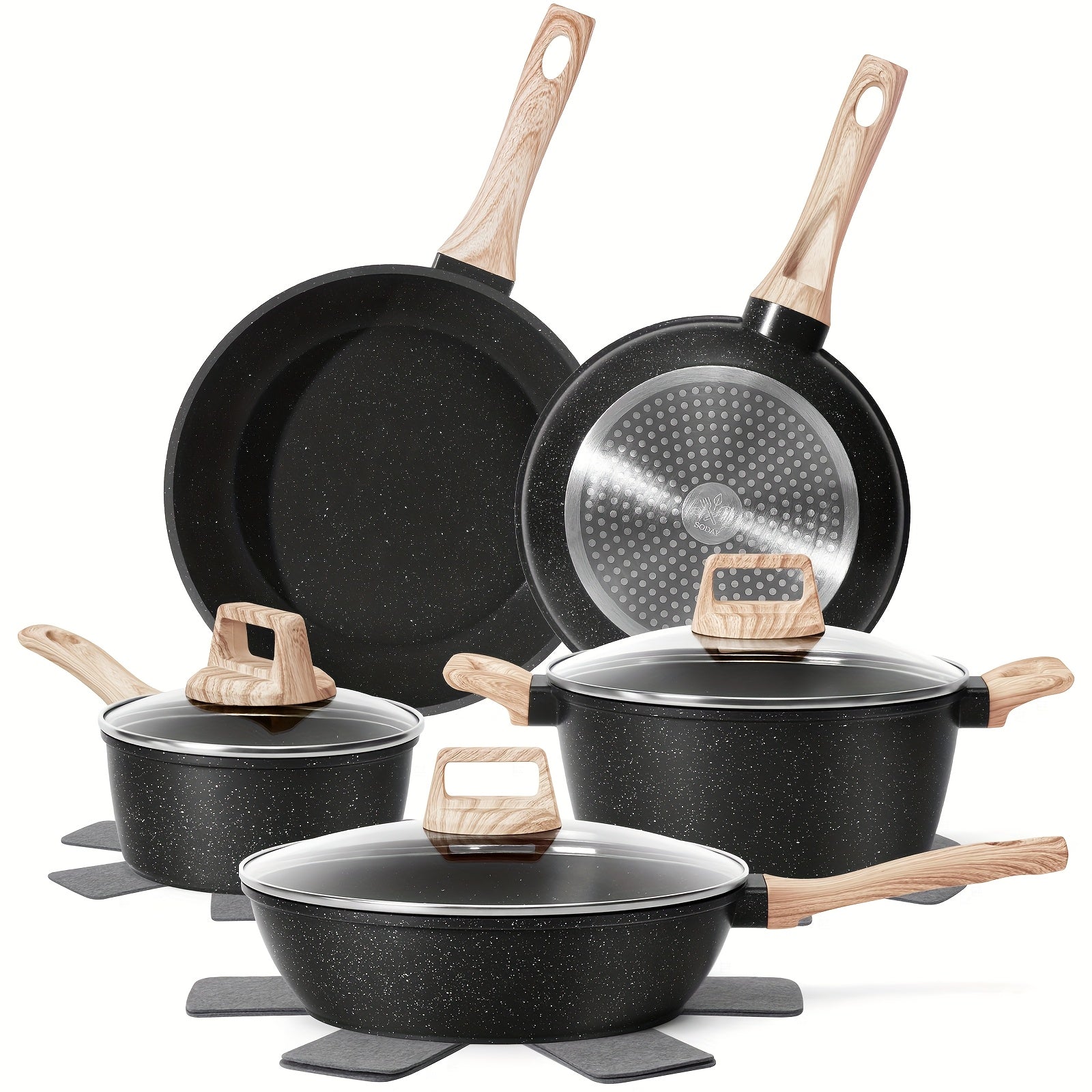 12pc Nonstick Granite Induction Cookware Set with Utensils  Fry Pan Stew Pot Steamer