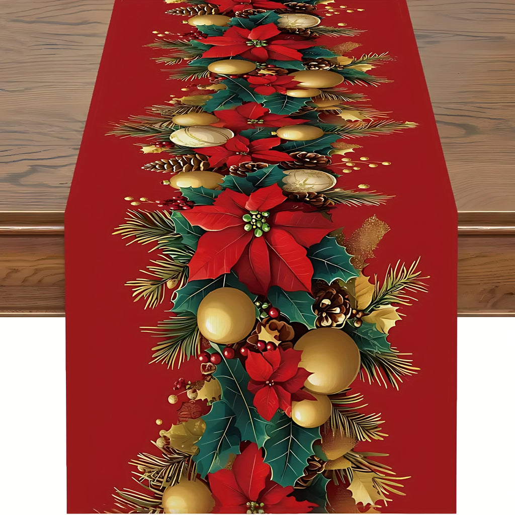 1pc Elegant Christmas Table Runner  Red and Green Holiday Dining Decor with Poinsettias Pine Cones Golden Accents  Durable Polyester Table Decoration for Christmas Party Dinner Party Home Table Setting  EasyClean Festive Centerpiece