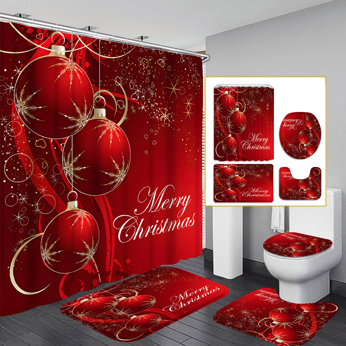 4pcs Christmas Red Ball Pattern Printed Shower Curtain Set Wet  Dry Bathroom 4pcs Set Home Decor Shower Curtain with 12 Shower Curtain Hooks with NonSlip Floor Mat Toilet UMat Toilet Lid Mat Functional Bathroom Accessories