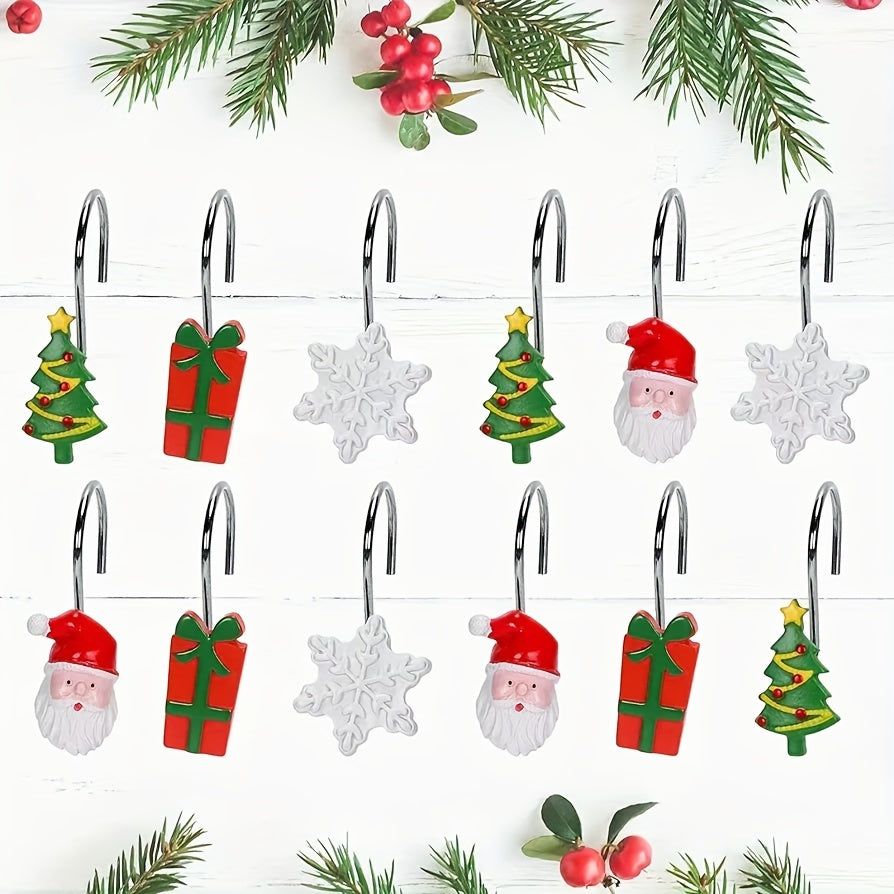 12pcs Christmas Shower Curtain Hooks Christmas Theme Santa Claus Christmas Tree Snowflake Gift Box Fourpiece Set Decorative Shower Curtain Hooks