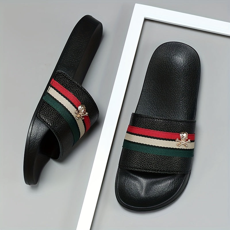 1pc MultiColor Striped Slide Sandals  Textured AntiSlip Rubber Soles  Breathable OpenToe Design Adjustable Strap with Metallic Skull Emblem  Beach Home  Casual Outings  BudgetFriendly Durable Summer Footwear